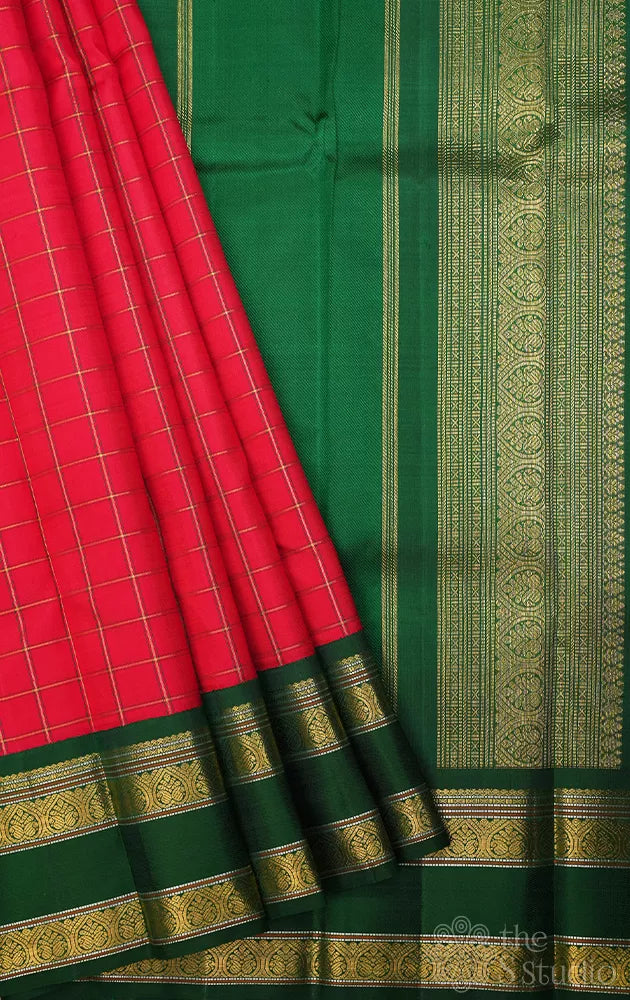 Red checked kanchi pattu saree with green rettaipet border