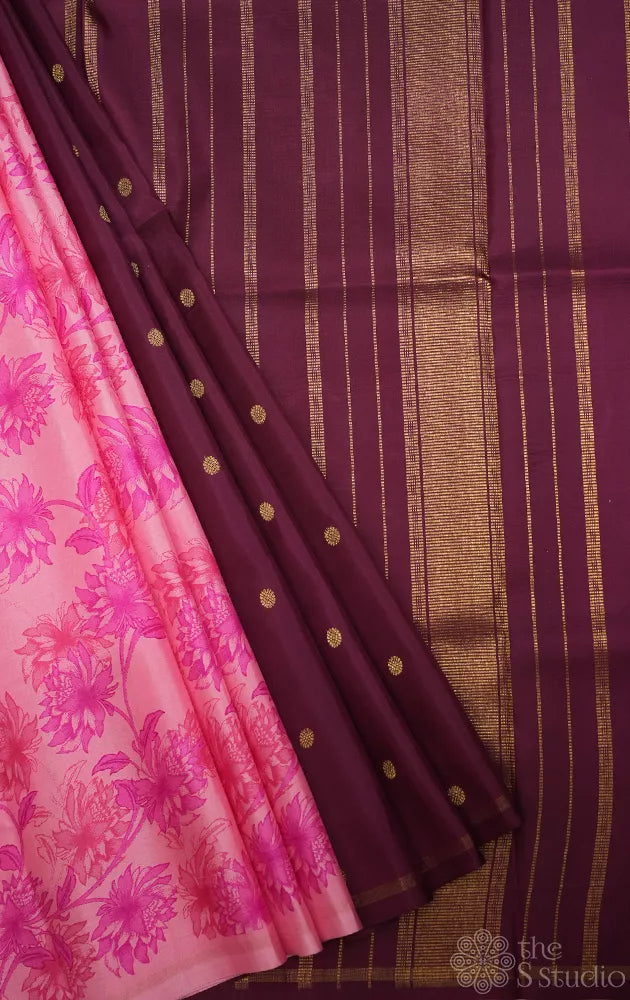 Onion pink and brown reversible kanchipuram silk saree with prints