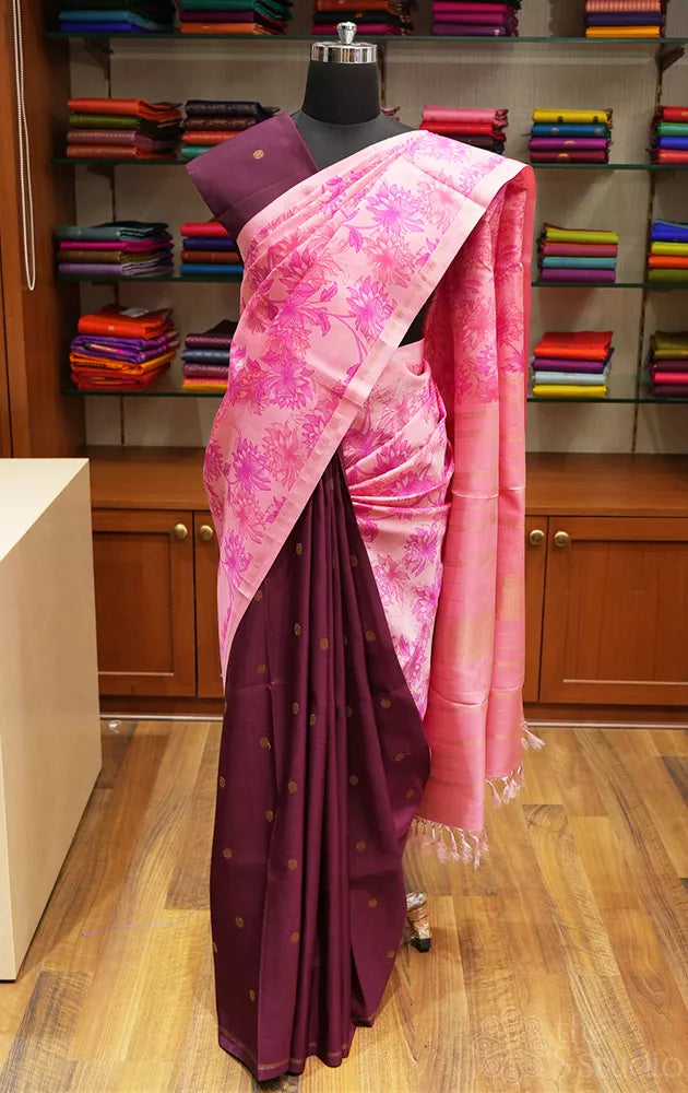 Onion pink and brown reversible kanchipuram silk saree with prints