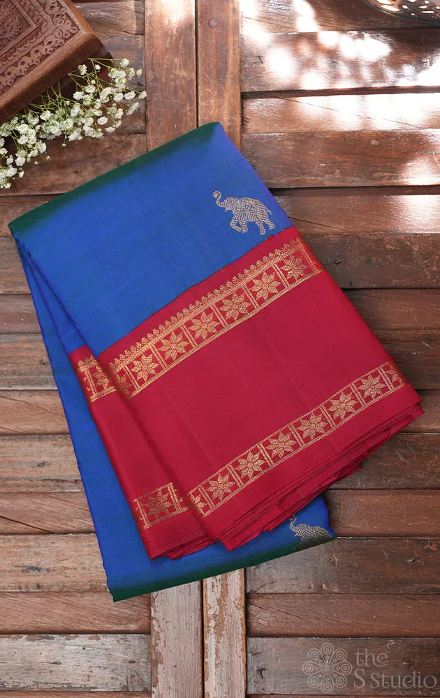 Peacock blue kanchipuram silk saree with korvai rettaipet border
