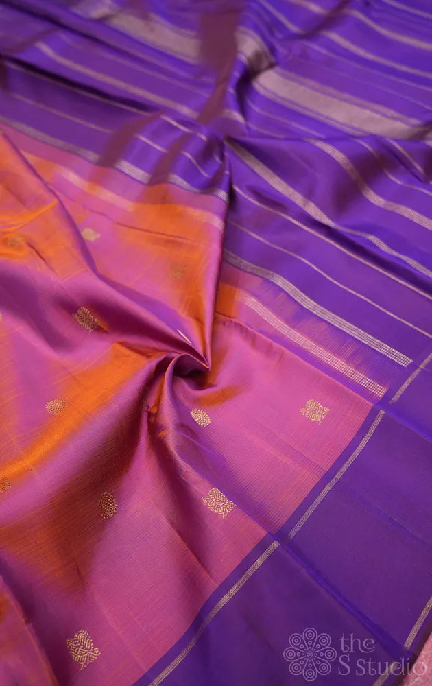 Peachish rose kanchipuram silk saree with violet border