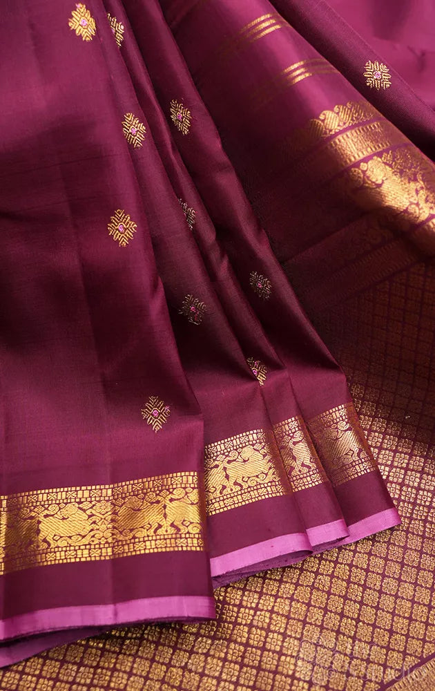 Betel nut brown kanchipuram silk saree with meena buttas