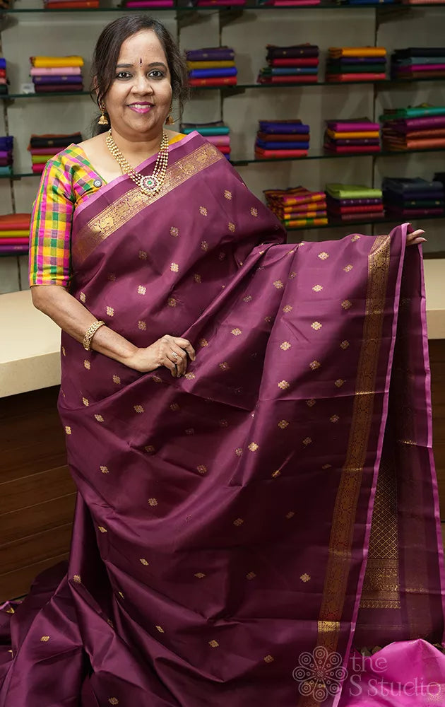 Betel nut brown kanchipuram silk saree with meena buttas