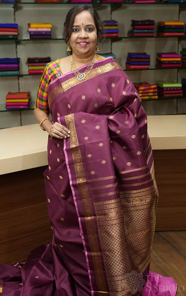 Betel nut brown kanchipuram silk saree with meena buttas