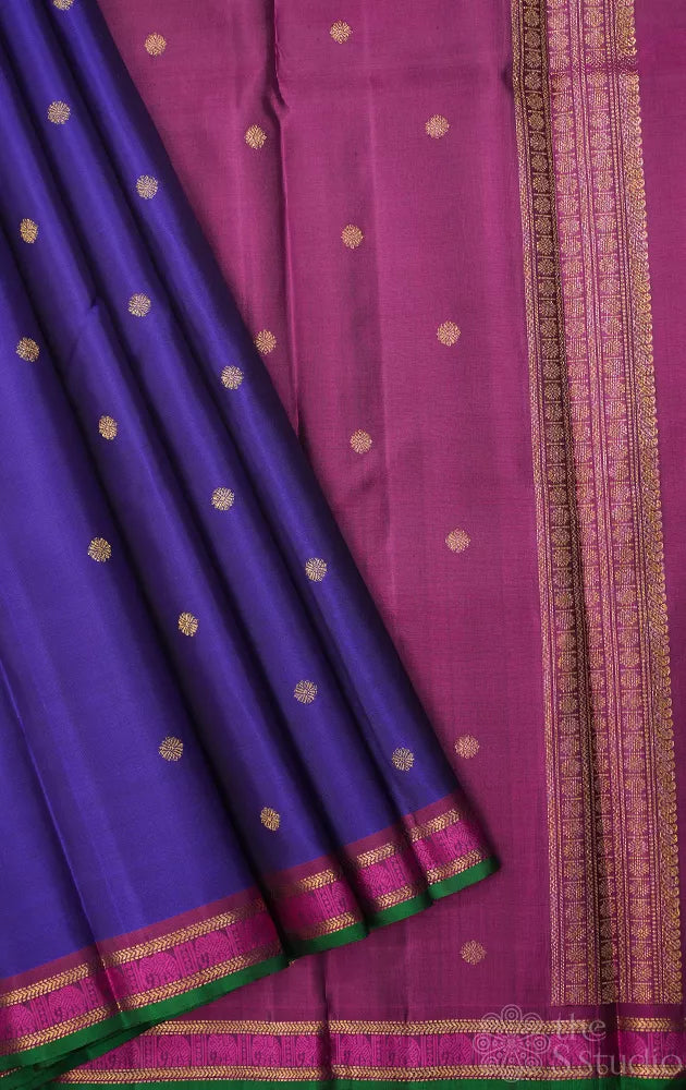 Royal blue kanjivaram silk saree with small magenta border