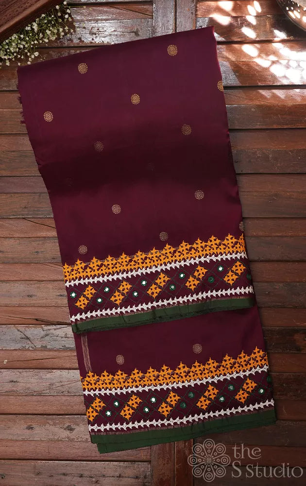Pakku brown kanchi silk saree with hand kutch embroidery