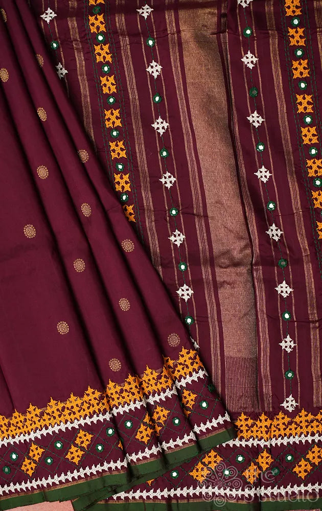 Pakku brown kanchi silk saree with hand kutch embroidery