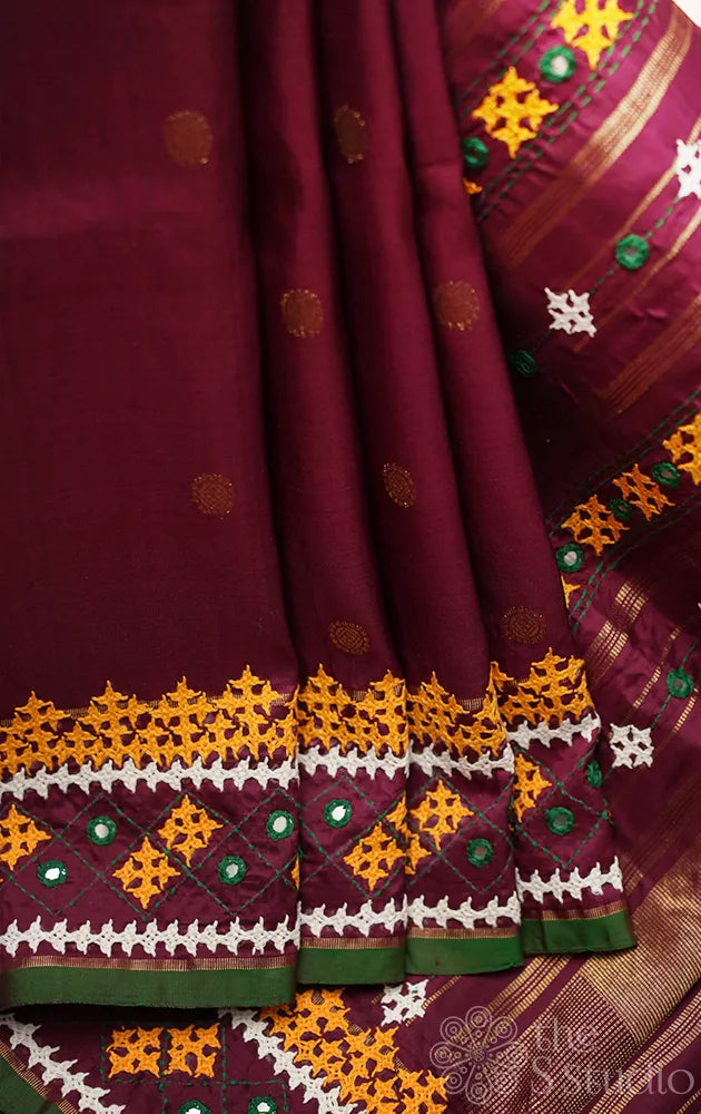 Pakku brown kanchi silk saree with hand kutch embroidery