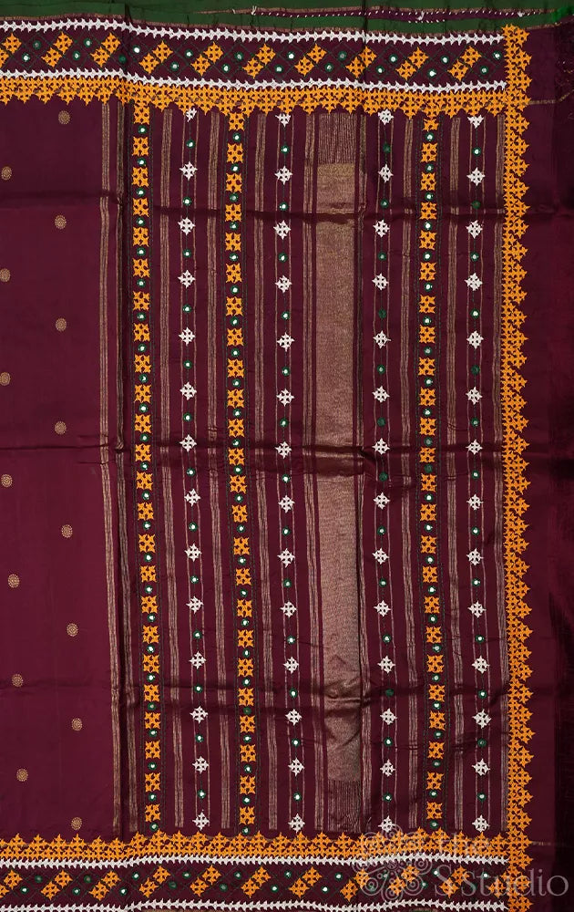 Pakku brown kanchi silk saree with hand kutch embroidery