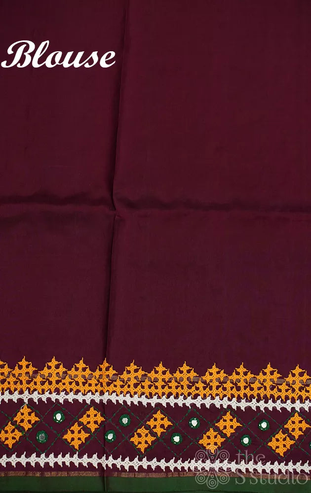 Pakku brown kanchi silk saree with hand kutch embroidery