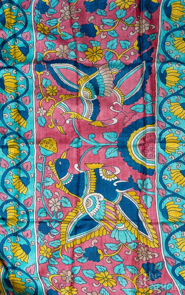 Sea green tussar silk saree with bandhini prints and kalamkari pallu