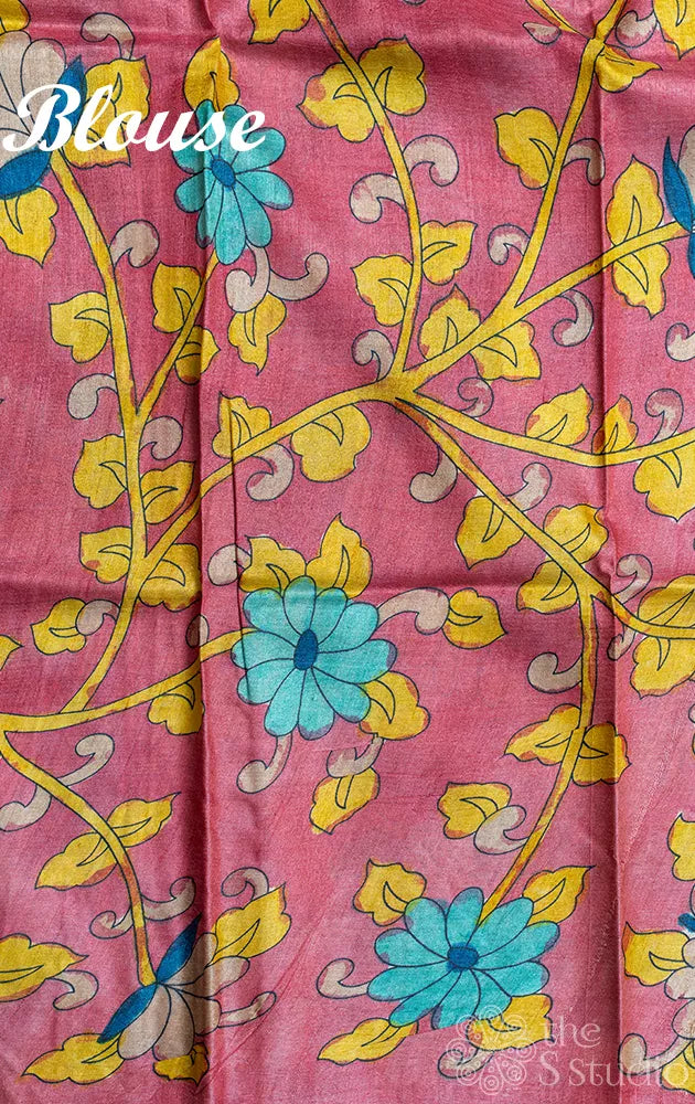 Sea green tussar silk saree with bandhini prints and kalamkari pallu