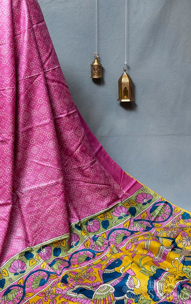 Pink tussar silk saree with hand-painted Kalamkari pallu