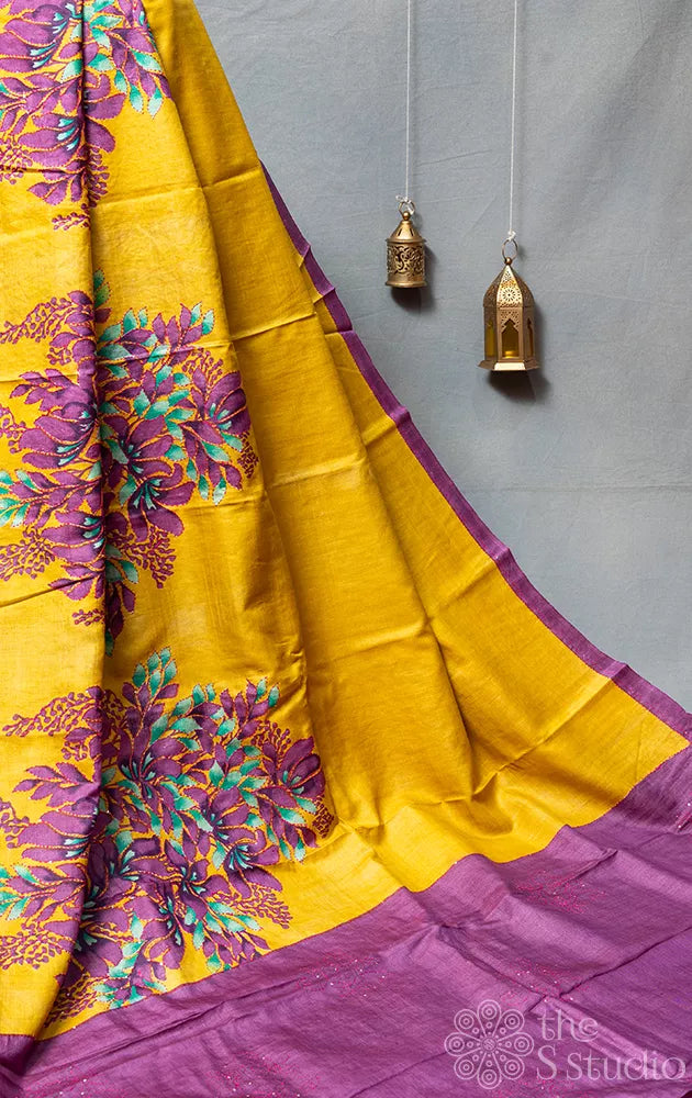 Methi mustard tussar silk saree with block prints and hand embroidery