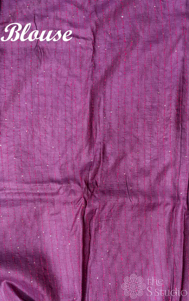 Methi mustard tussar silk saree with block prints and hand embroidery