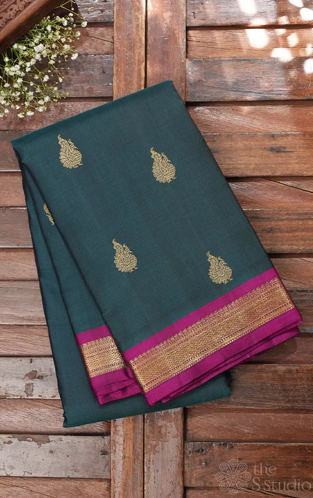 Rama blue with magenta small border kanjivaram silk saree