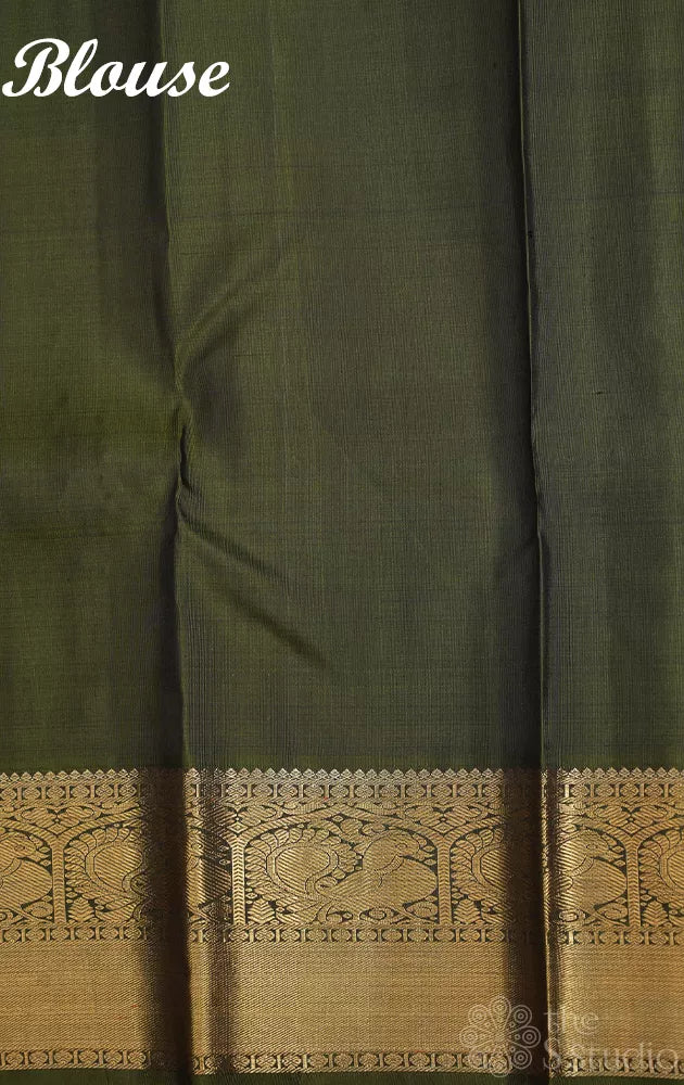 Mehandi green kanchi pattu saree with vertical vangi designs