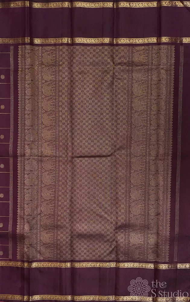 Brown zari checked kanjivaram silk saree with rettaipet border