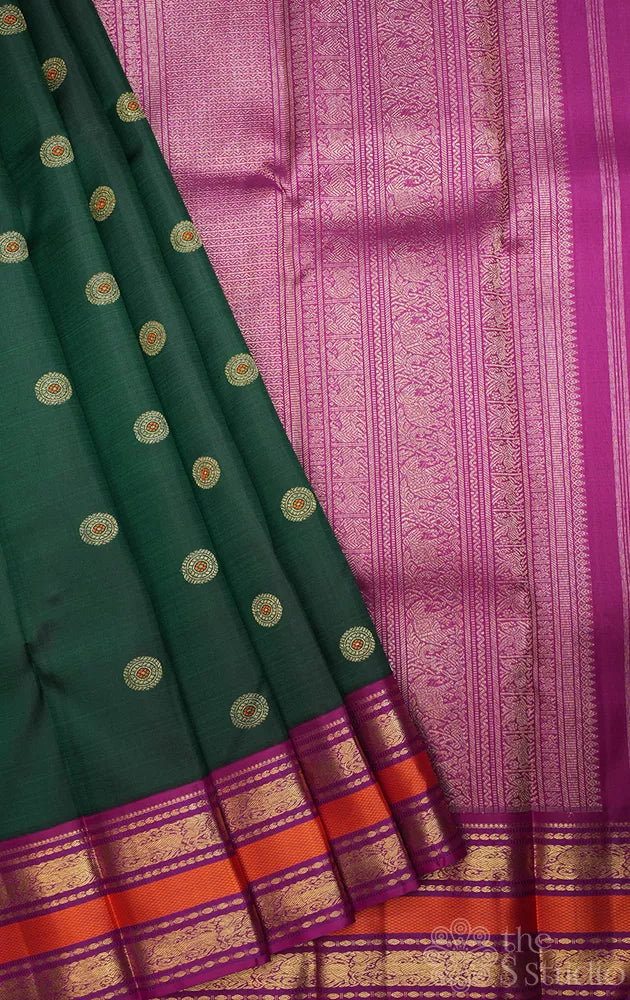 Green korvai kanchipuram silk saree with purple border