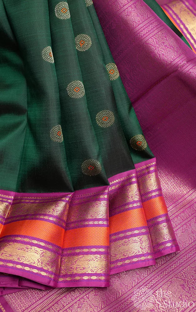 Green korvai kanchipuram silk saree with purple border