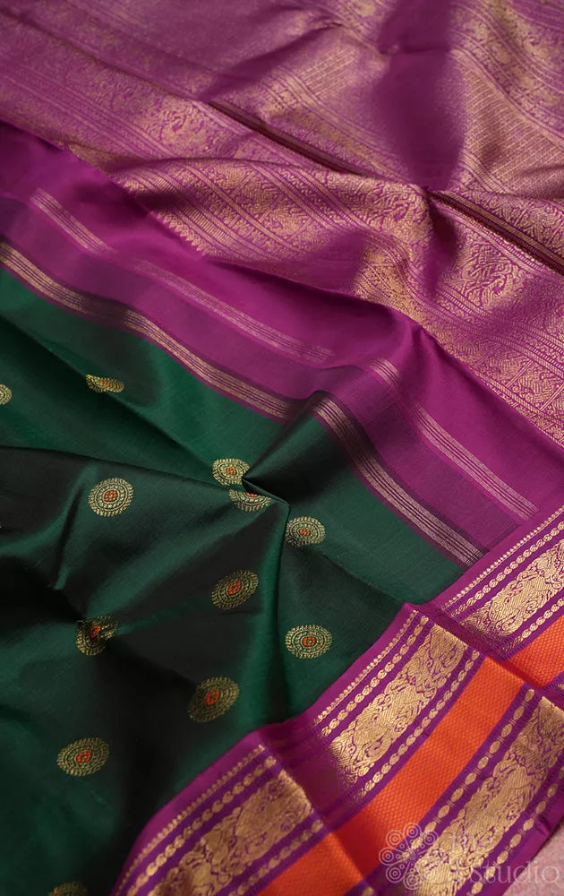 Green korvai kanchipuram silk saree with purple border