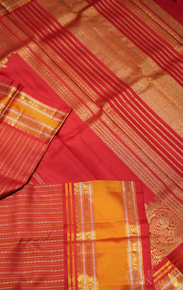 Red adai kanjivaram silk saree with thread woven body and rettaipet border