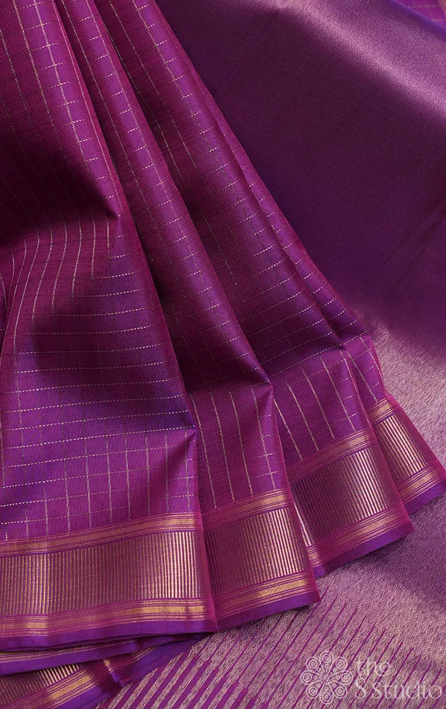 Purple zari checked kanjivaram silk saree with 8 kol woven pallu | B krishnamoorthy master weaver