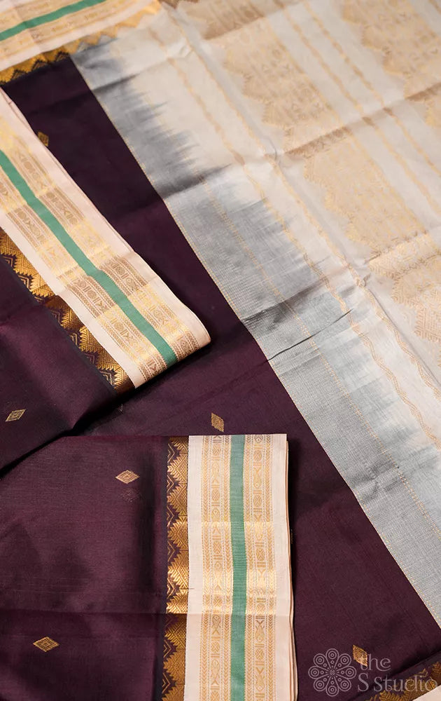 Brown handwoven silk cotton saree with korvai border