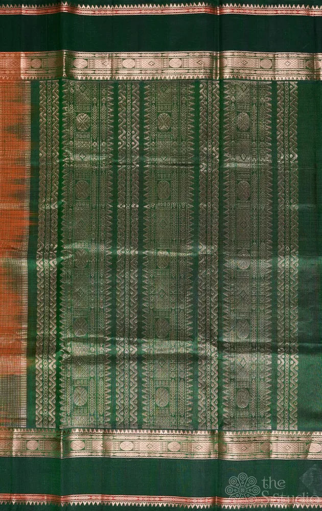 Orange checked handwoven silk cotton saree with korvai border