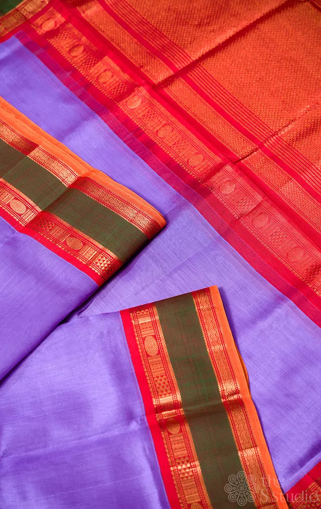 Light violet handwoven silk cotton saree with red rettaipet border