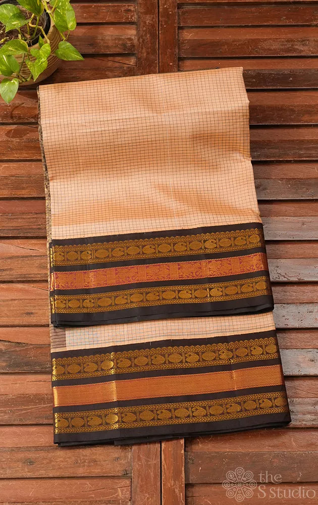 Light brown checked handloom silk cotton saree with korvai border