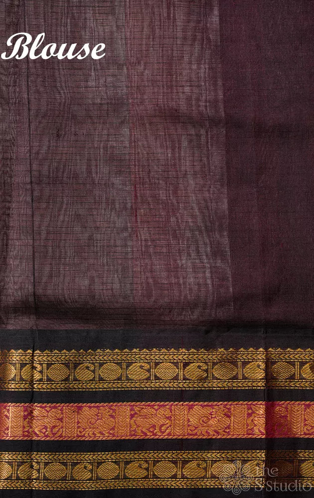 Light brown checked handloom silk cotton saree with korvai border