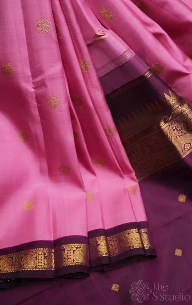 Onion pink kanchi silk saree with small korvai purple border