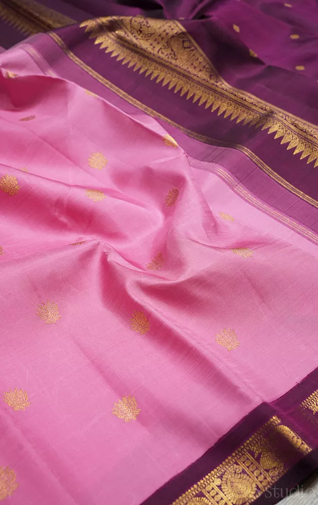Onion pink kanchi silk saree with small korvai purple border