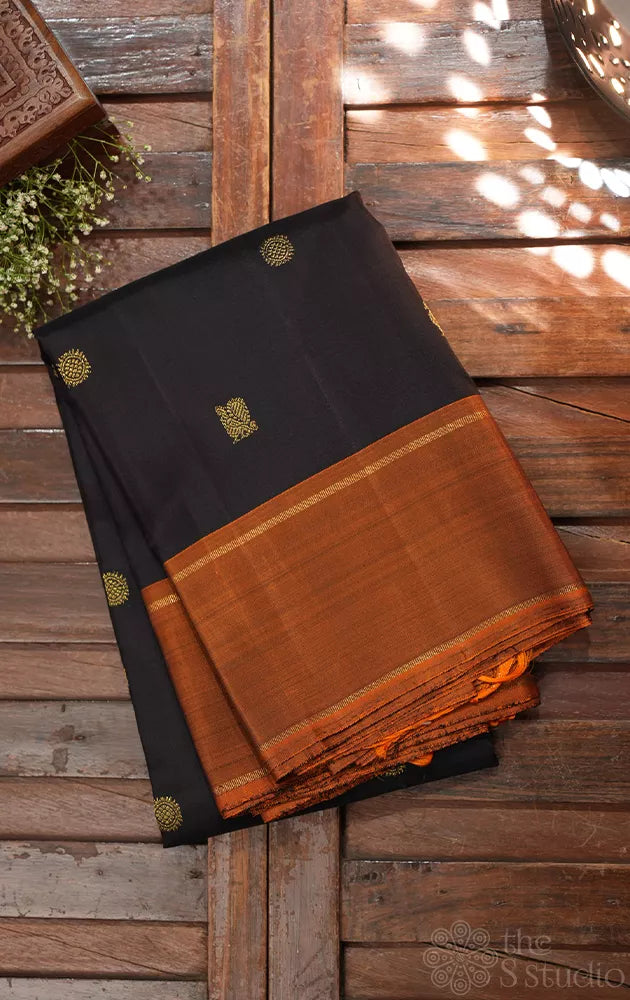 Brown kanjivaram silk saree with rust border