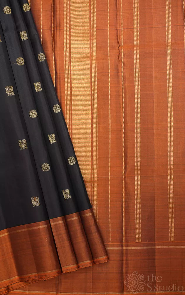 Brown kanjivaram silk saree with rust border