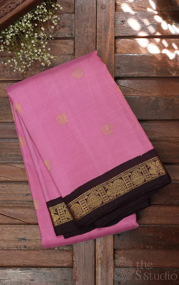Lotus pink kanjivaram silk saree with small brown border