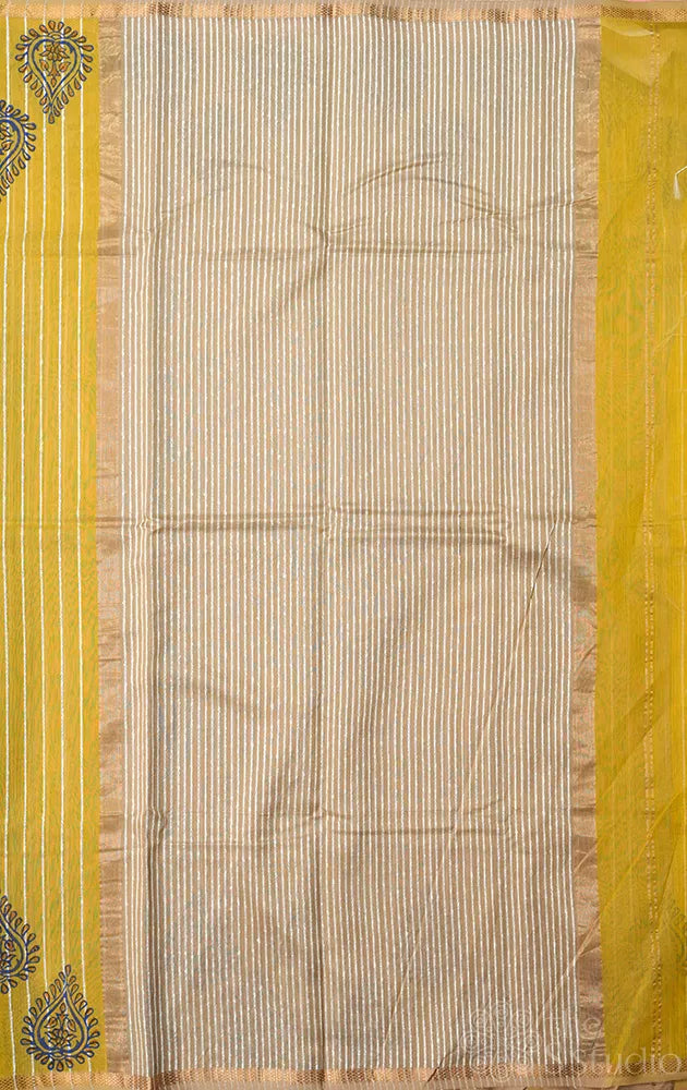 Lemon yellow maheshwari silk cotton saree with block printing on border