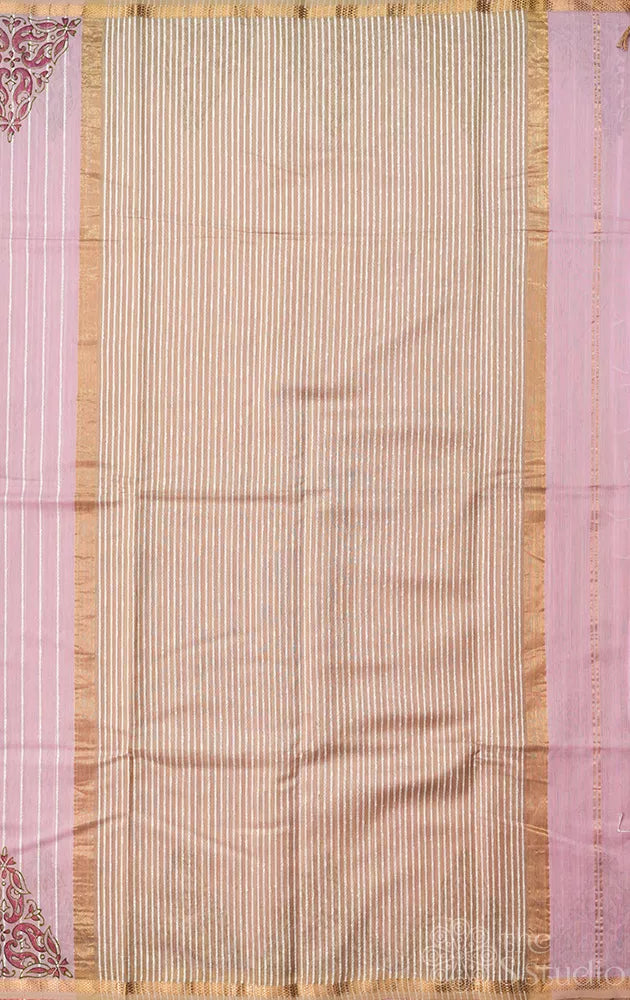 Light pink maheshwari silk cotton saree with block printing on border