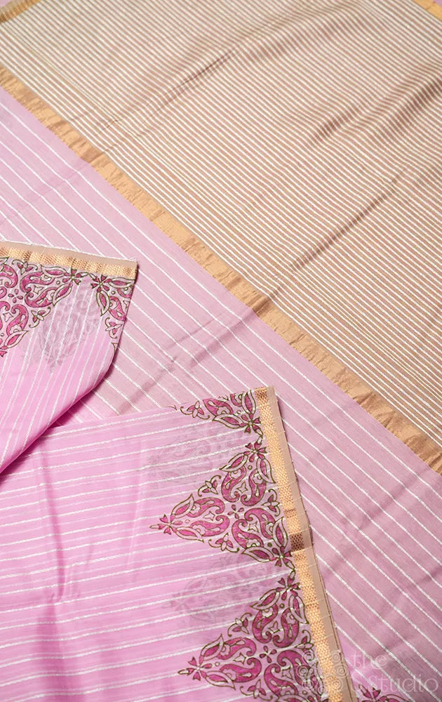 Light pink maheshwari silk cotton saree with block printing on border