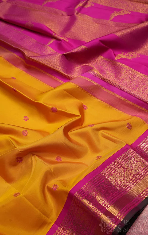 Mustard kanchipuram silk saree with korvai ranipink border
