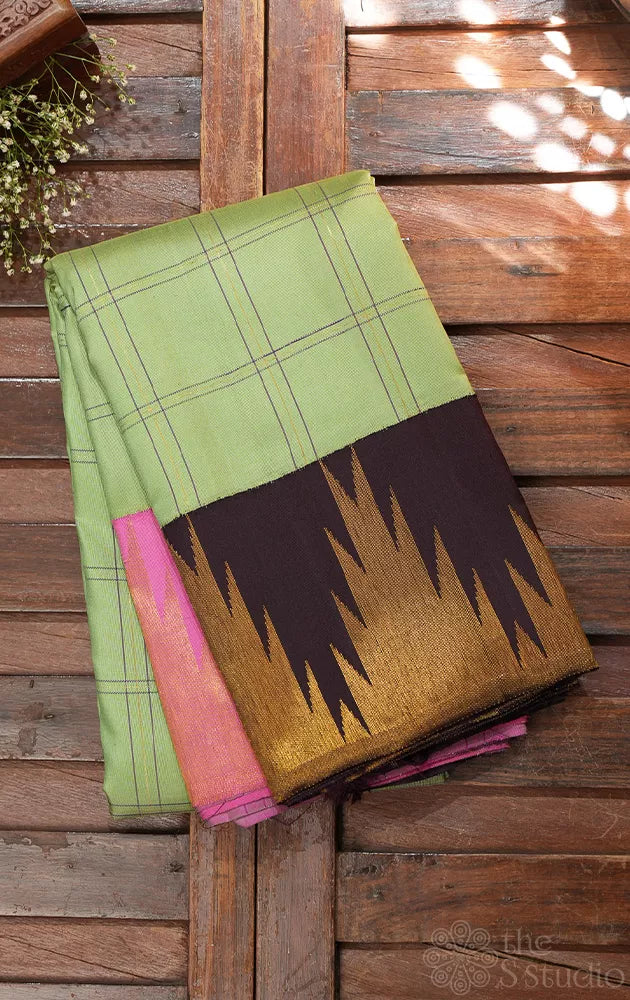 Pista green zari checked kanchi silk saree with korvai 8 kol border