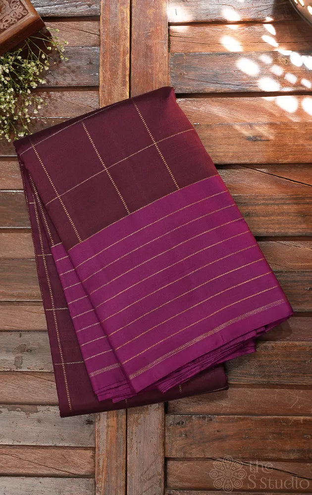 Brown checked kanchi silk saree with magenta border