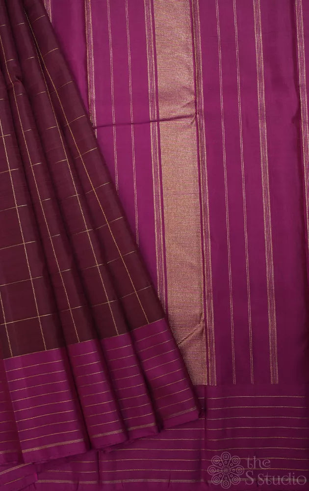 Brown checked kanchi silk saree with magenta border