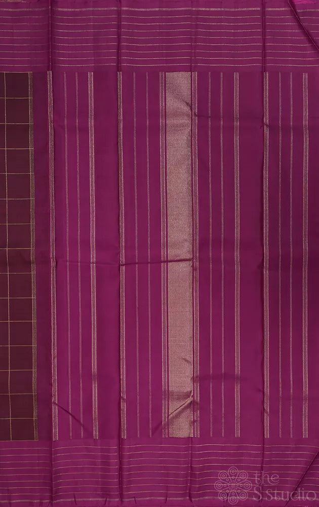 Brown checked kanchi silk saree with magenta border