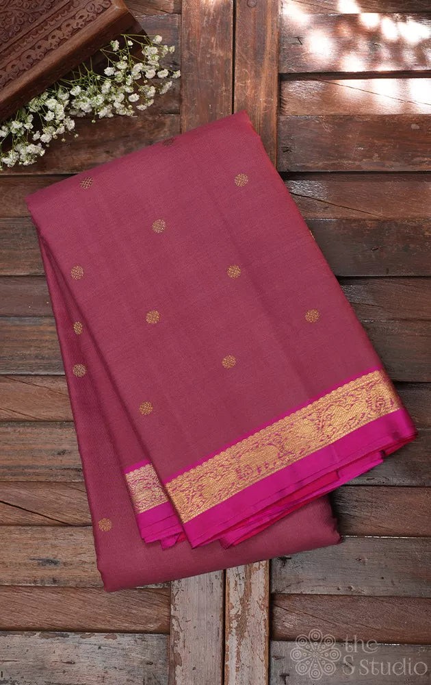 Pomegranate pink kora kanchipuram silk saree with small border