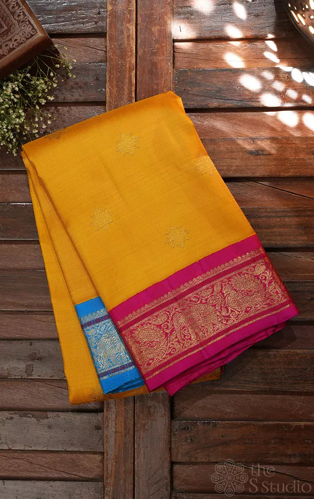 Mustard ganga jamuna kanchi pattu saree with double pallu