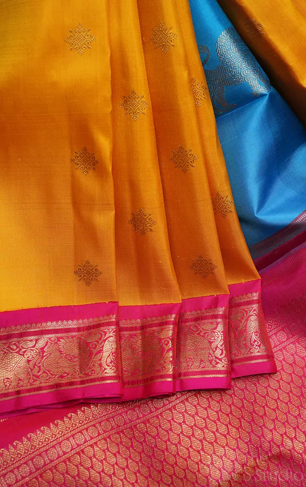 Mango yellow ganga jamuna kanchi pattu saree with double pallu