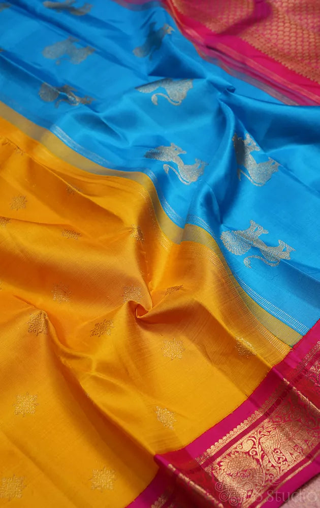 Mango yellow ganga jamuna kanchi pattu saree with double pallu