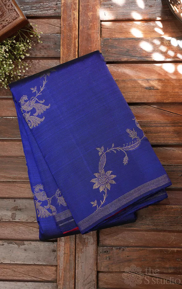 Royal blue kanchi pattu saree with thodar kodi zari design